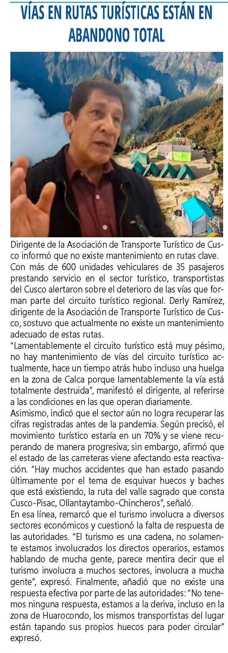 VÍAS EN RUTAS TURÍSTICAS ESTÁN EN ABANDONO TOTAL