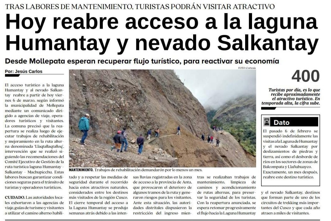 PONEN EN SERVICIO RUTA ALTERNA PARA LLEGAR A LA LAGUNA DE HUMANTAY