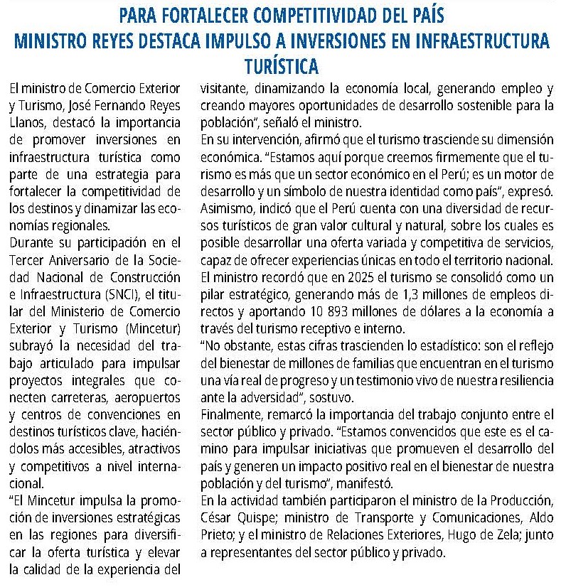 MINISTRO REYES DESTACA IMPULSO A INVERSIONES EN INFRAESTRUCTURA TURÍSTICA