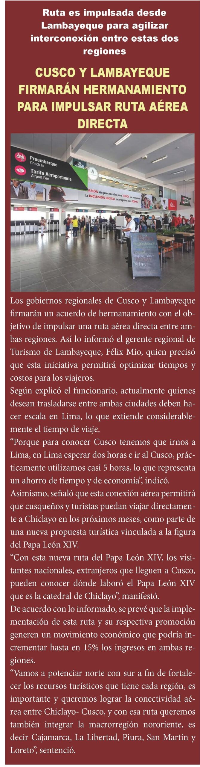 CUSCO Y LAMBAYEQUE FIRMARÁN HERMANAMIENTO PARA IMPULSAR RUTA ÁREA DIRECTA