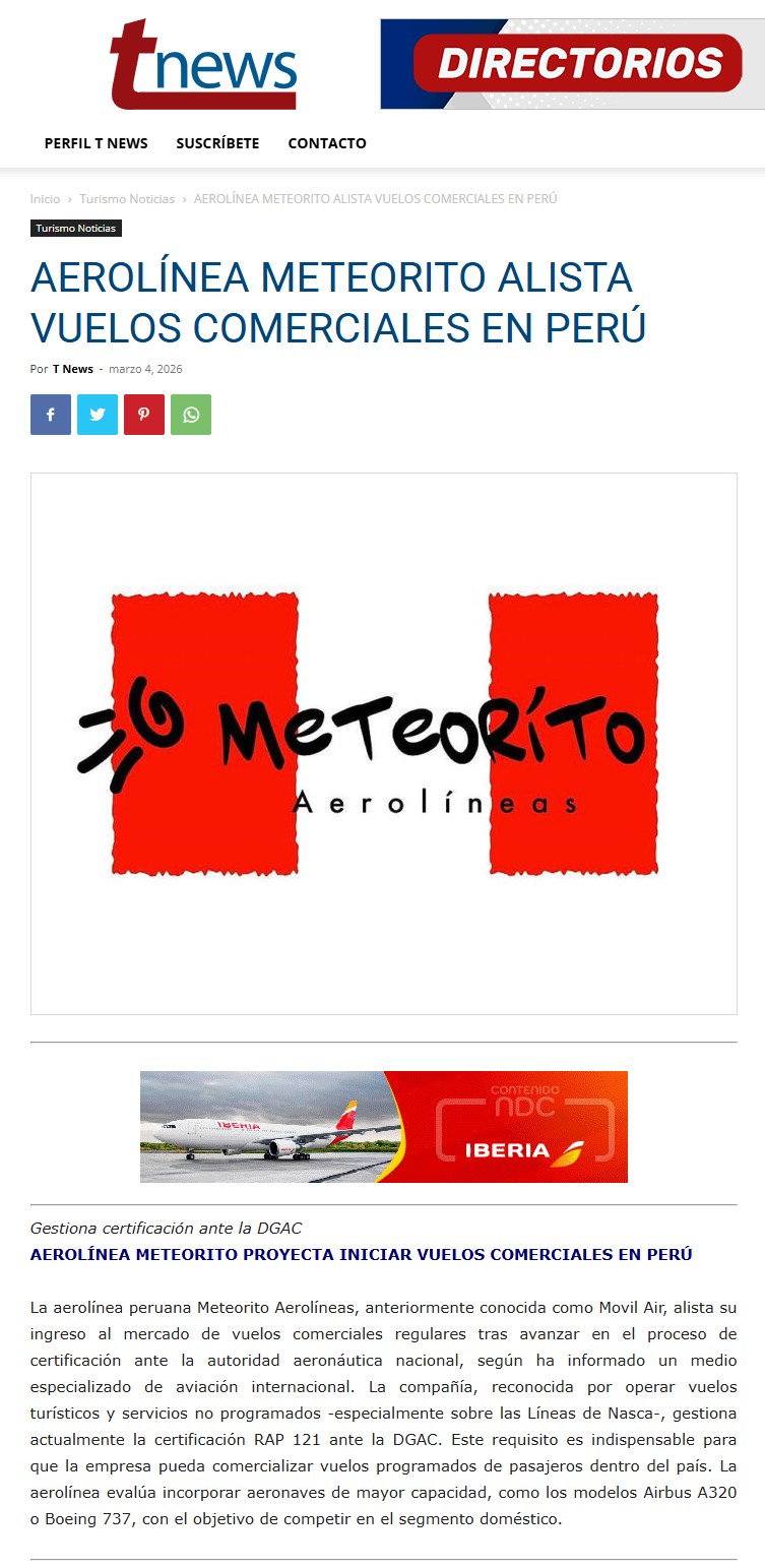 AEROLÍNEA METEORITO ALISTA VUELOS COMERCIALES EN PERÚ