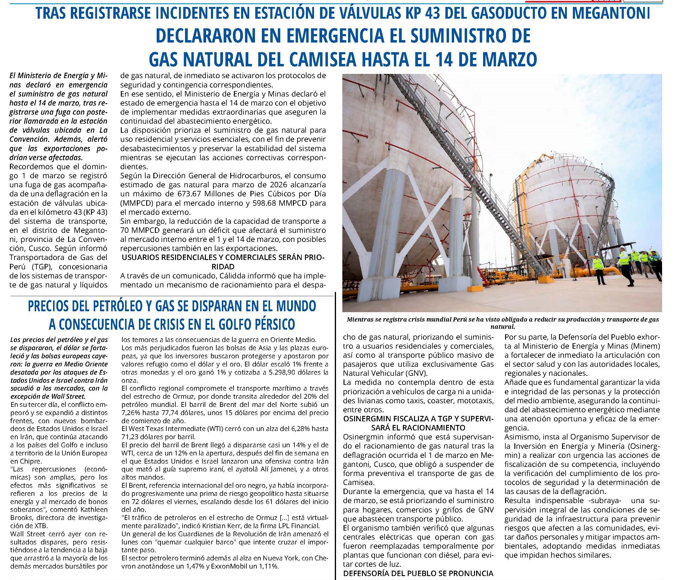 DECLARARON EN EMERGENCIA EL SUMINISTRO DE GAS NATURAL DEL CAMISEA HASTA EL 14 DE MARZO