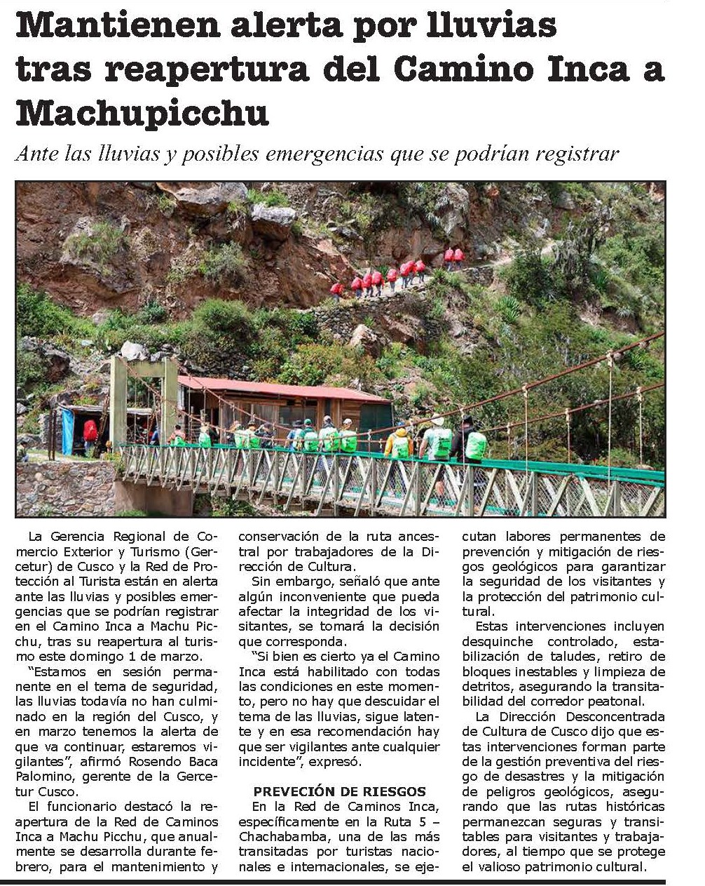 MANTIENEN ALERTA POR LLUVIAS TRAS REAPERTURA DEL CAMINO INCA A MACHUPICCHU