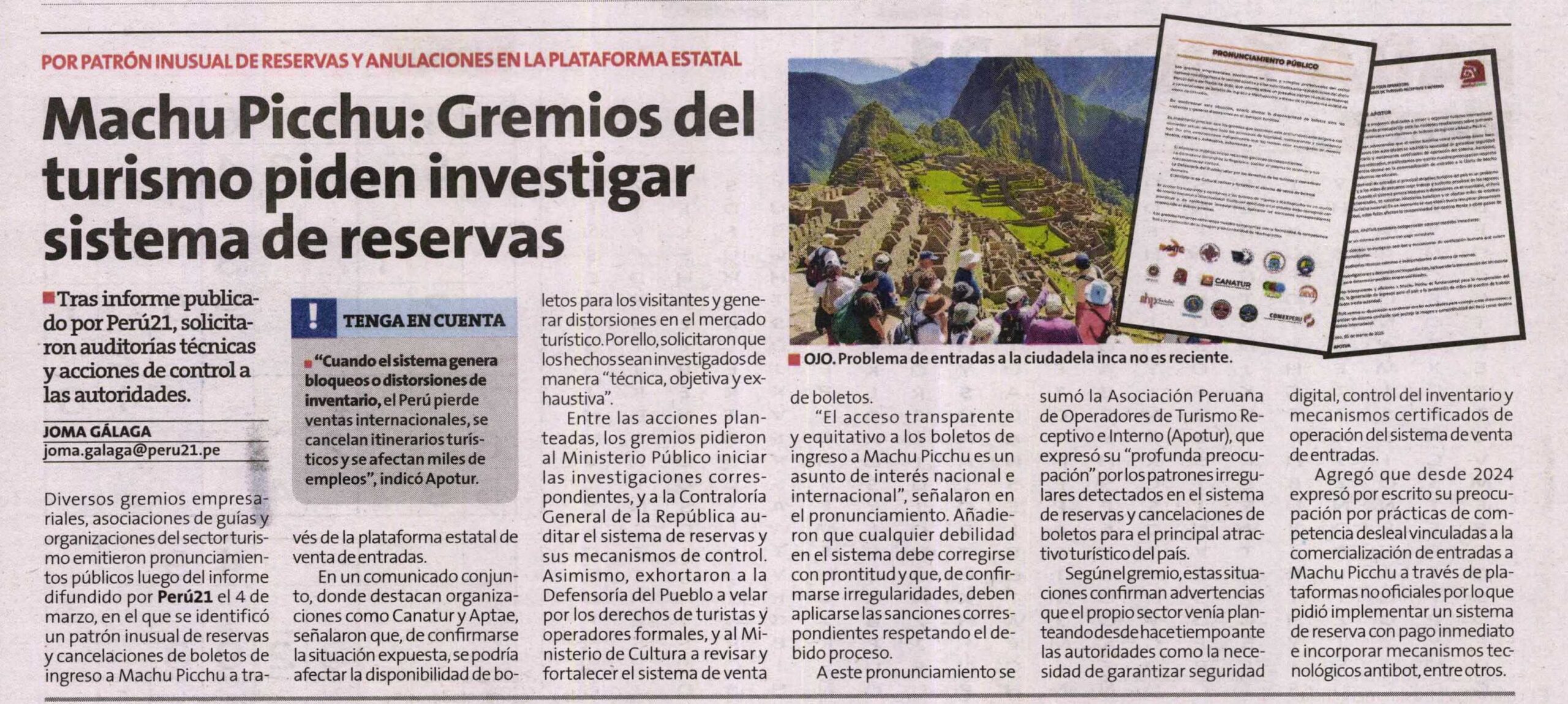 MACHU PICCHU: GREMIOS DEL TURISMO PIDEN INVESTIGAR SISTEMA DE RESERVAS