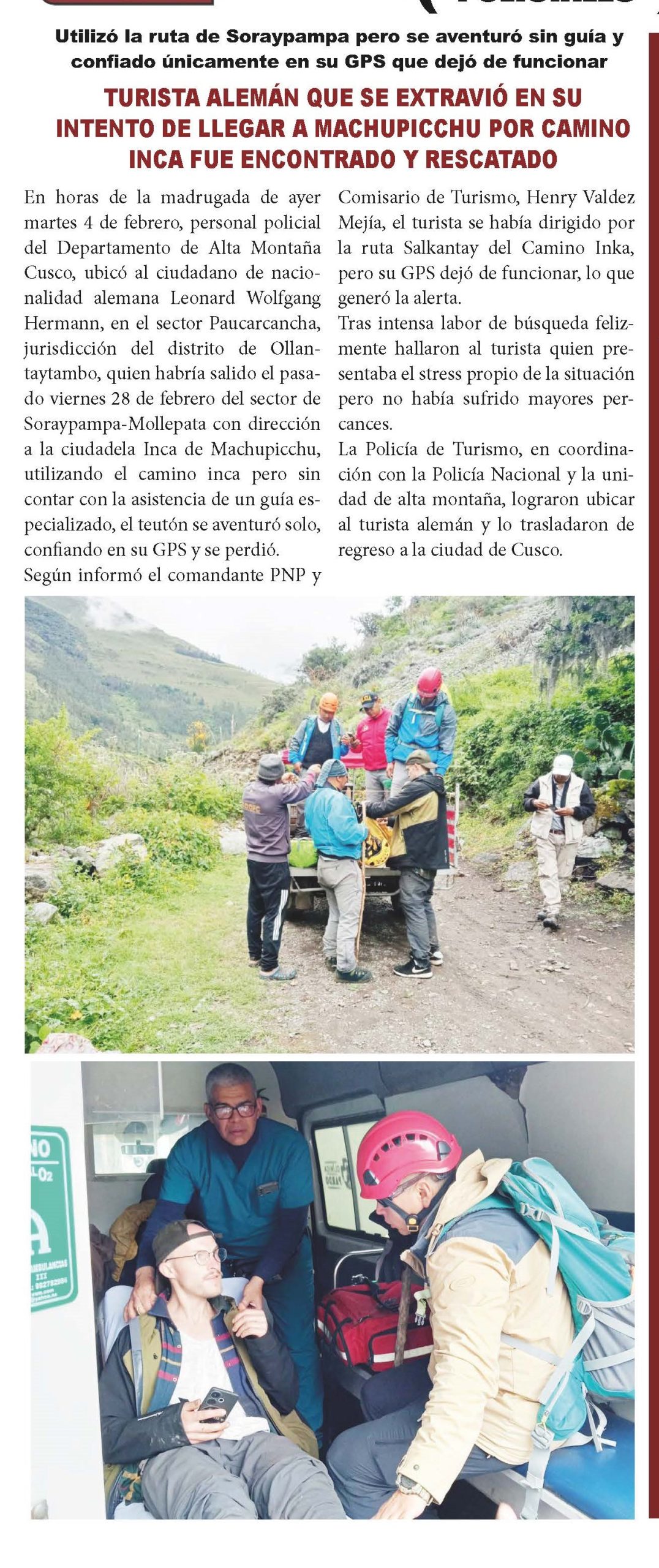 TURISTA ALEMAN QUE SE EXTRAVIO EN SU INTENTO DE LLEGAR A MACHUPICCHU POR CAMINO INCA FUE ENCONTRADO Y RESCATADO