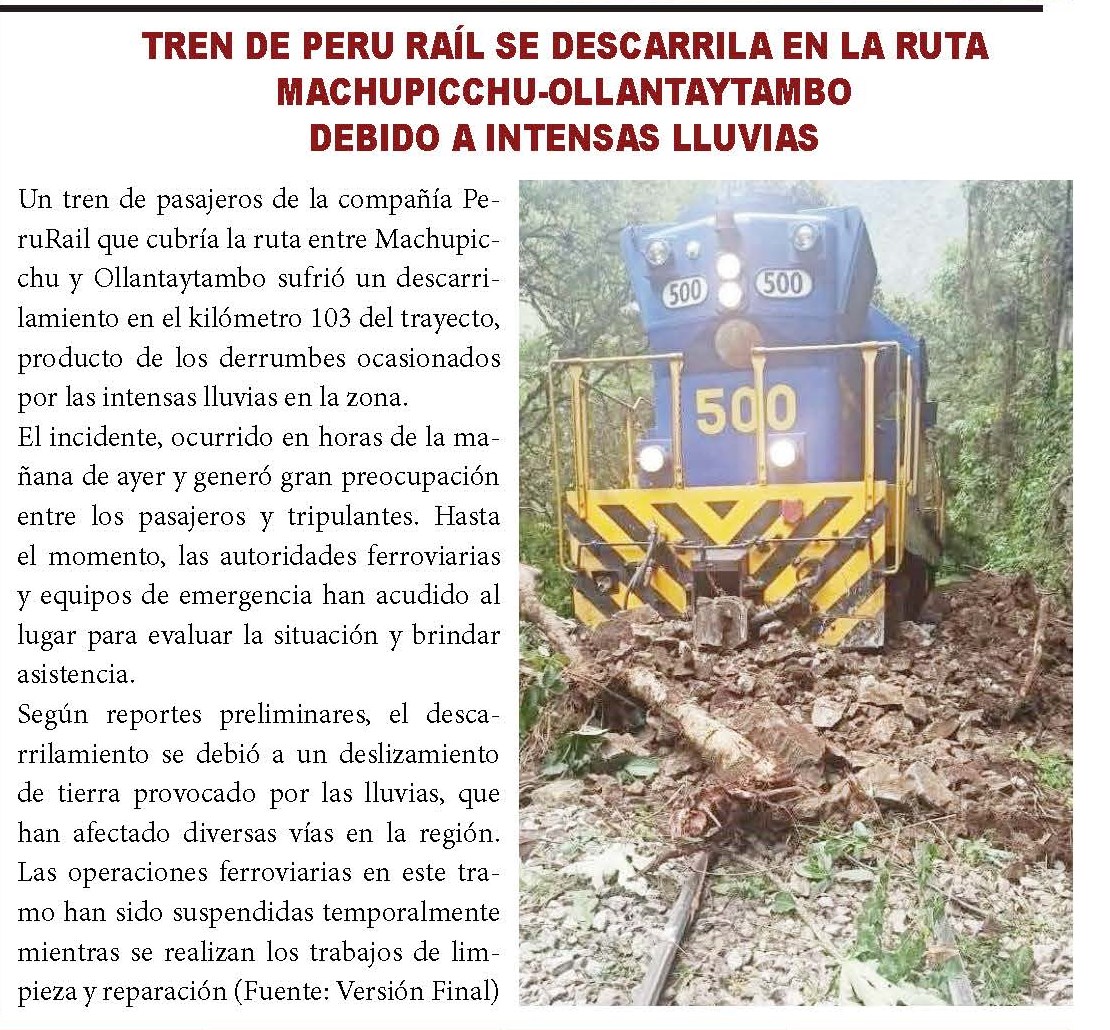 TREN DE PERU RAIL SE DESCARRILLA EN LA RUTA MACCHUPICCHU OLLANTAYTAMBO