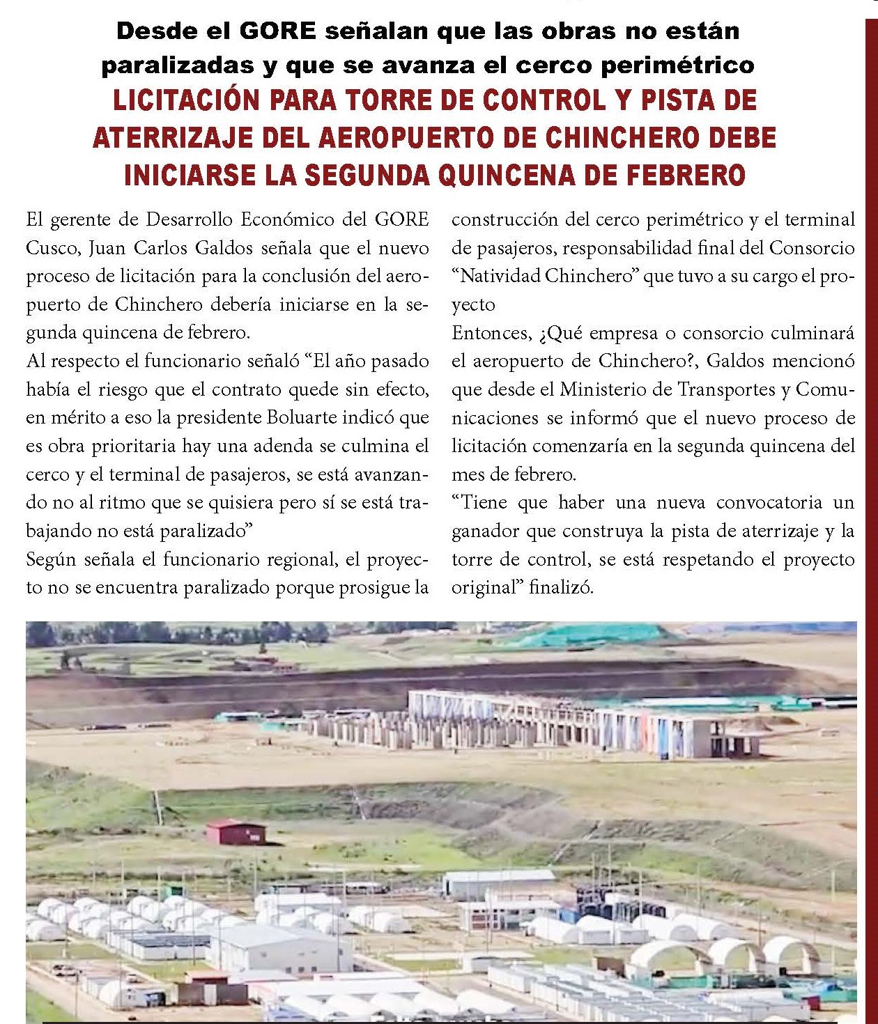 LICITACION PARA TORRE DE CONTROL Y PISTA DE ATERRIZAJE DEL AEROPUERTO DE CHINCHERO DEBE INICIAR EN FEBRERO