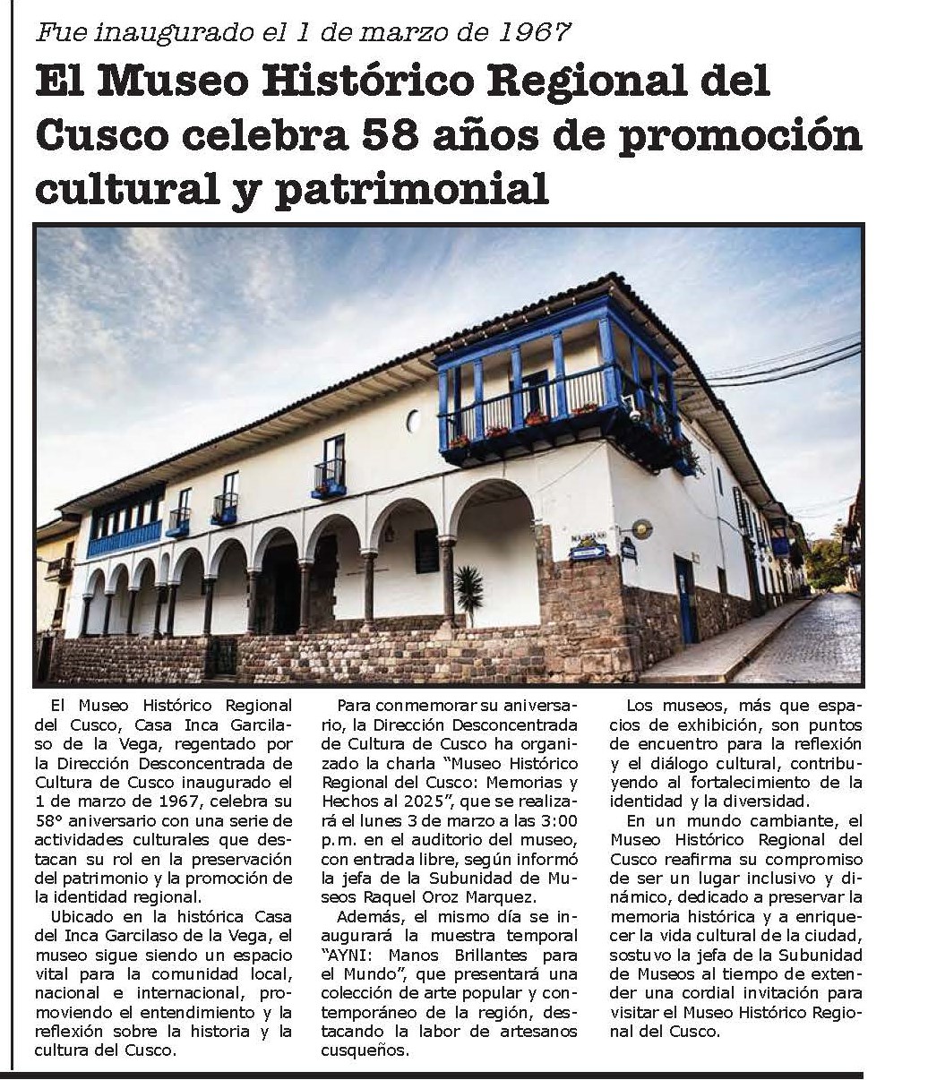 EL MUSEO HISTORICO REGIONAL DEL CUSCO CELEBRA 58 AÑOS DE PROMOCION CULTURAL