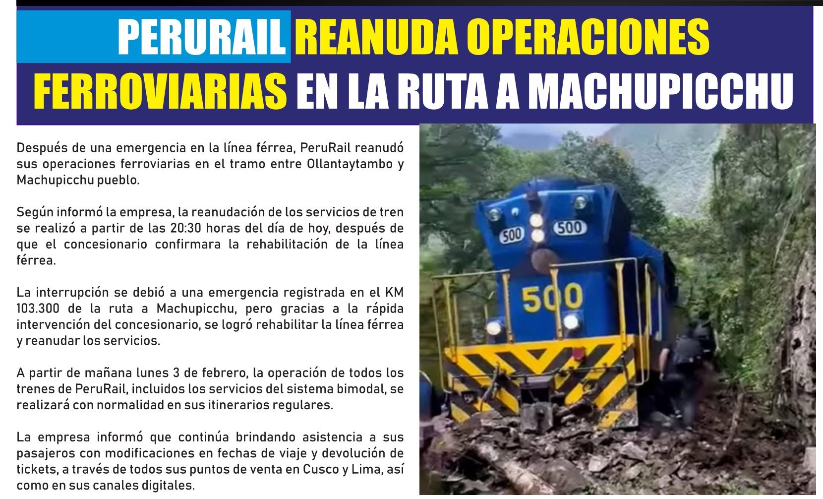 REANUDA OPERACIONES FERROVIARIAS EN LA RUTA MACHUPICCHU